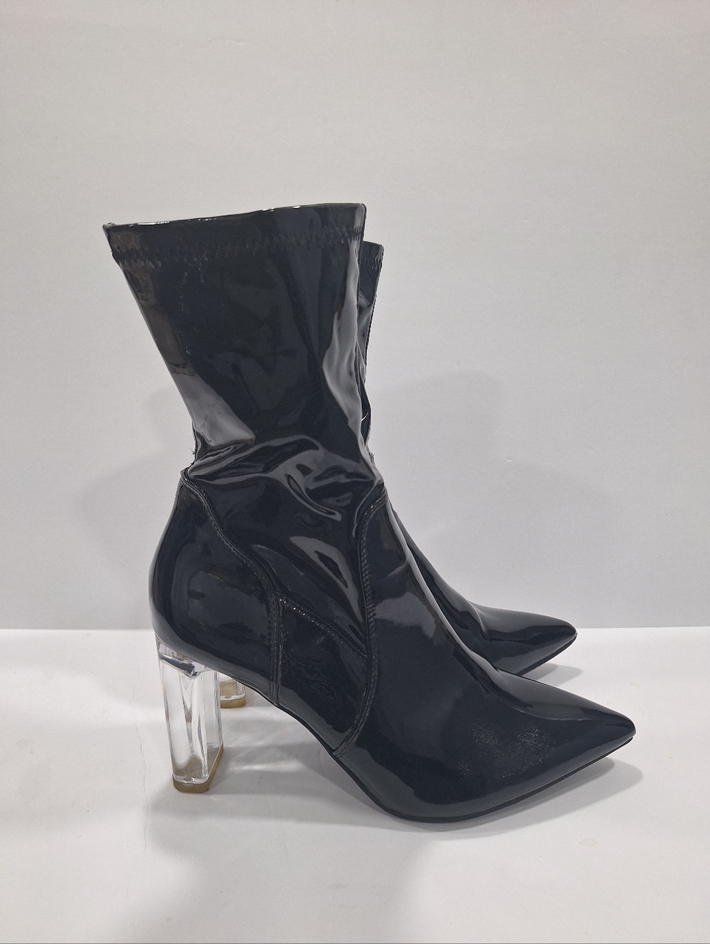 Forever21- Black Faux Patent Leather Ankle Boots With Clear Block Heels- Size 9